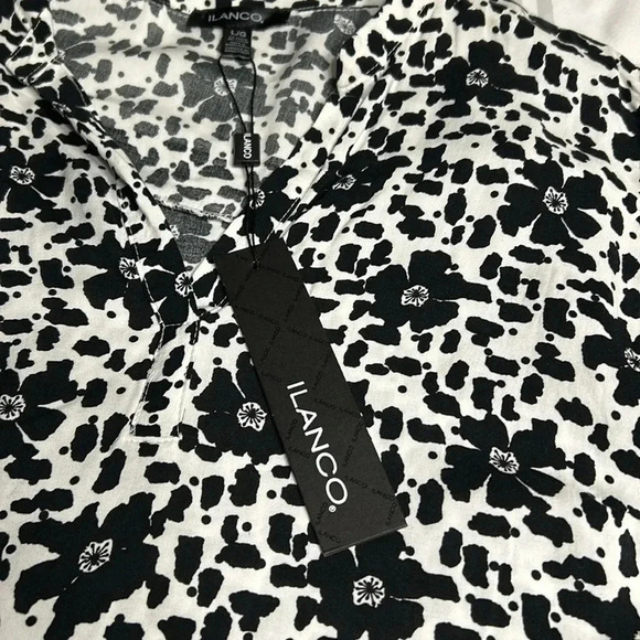 ILANCO NWT black & white abstract floral,  v neck , tie strap cuffs, hi low - Picture 9 of 14